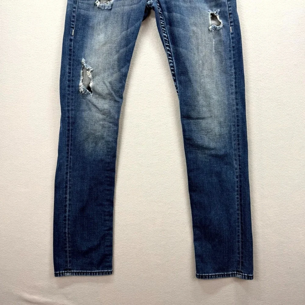 True Religion Jeans Mens 32x34 Blue Denim Pants Distressed Faded Slim Midnight